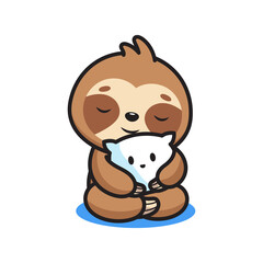 Cute Cartoon Sloth Character Hugging a White Bear Cub with Eyes Closed in a Peaceful Pose on a Transparent Background