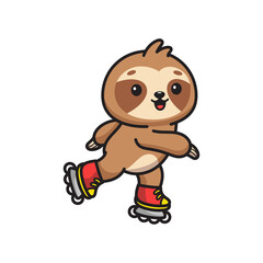 Cute Cartoon Sloth Character Skating with Red Rollerblades and Yellow Accents on Transparent Background Vector Art