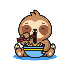 Cute Cartoon Sloth Eating Noodles With Chopsticks on a White Background