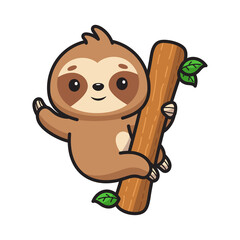 Cute cartoon sloth hanging on a wooden tree branch with green leaves in a playful pose with a happy expression and brown fur on a transparent background