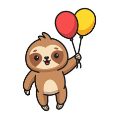 Cute Cartoon Sloth Holding Red And Yellow Balloons With Transparent Background And Pixel Art Style