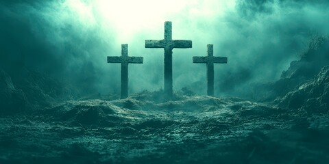 Three weathered crosses stand hauntingly in fog, symbolizing resilience and remembrance in a desolate landscape