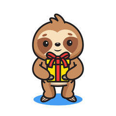 Cute Cartoon Sloth Holding Yellow Gift Box Tied With Red Ribbon On Transparent Background