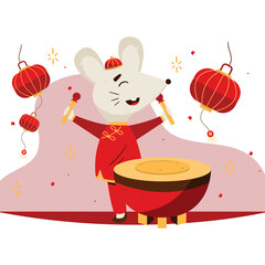 Cute Cartoon White Mouse Wearing Traditional Chinese Red Clothing and Hat Plays Drum Amidst Red Lanterns and Sparkles on Transparent Background