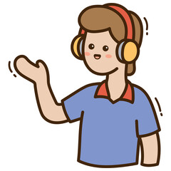 Cute Doodle Illustration Of A Person Wearing Headphones And A Blue Polo Shirt Gesturing To The Side With A Friendly Expression And Rosy Cheeks On A Transparent Background