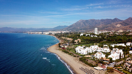 aerial view of the Playa Monteros at the Mediterranean Sea near Marbella, view along the Costa del Sol in the summer, Andalusia, Spain