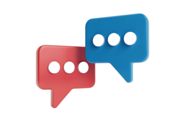 3D rendered red and blue speech bubbles, representing communication and conversation. background removed