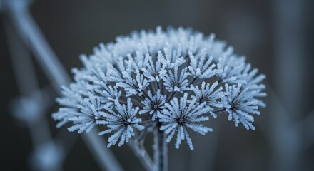 a frozen plant covered in delicate ice crystals. The frost highlights the plant’s fine details, creating a cold, wintery, and natural aesthetic.