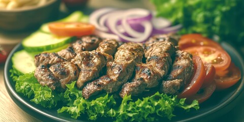 Grilled meat served with fresh vegetables on a plate at a cozy dining setting