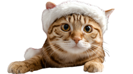 Festive Feline: A charming tabby cat, adorned in a fluffy winter hat, gazes with endearing curiosity, ready to celebrate the joys of the season. 