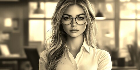 Young professional woman with glasses in a modern office setting during daytime