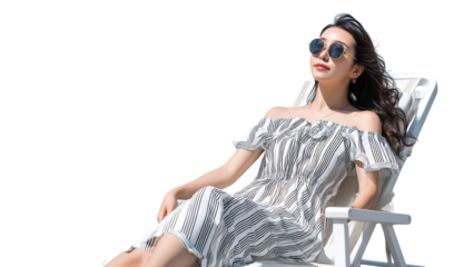 PNG of A relaxed Asian woman enjoying the sun in a stylish off-shoulder striped dress while lounging on a beach chair.