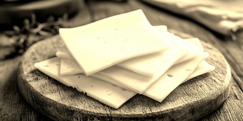 Slices of mild cheese arranged on a wooden cutting board ready for culinary use in a cozy kitchen setting