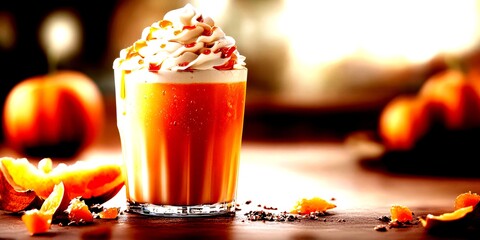 Creamy caramel latte topped with whipped cream and orange zest in cozy cafe setting - High Contrast