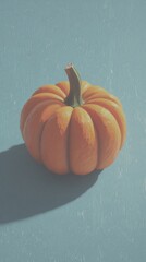 Bright orange pumpkin resting on a blue surface with a soft shadow cast in natural light - Low Contrast