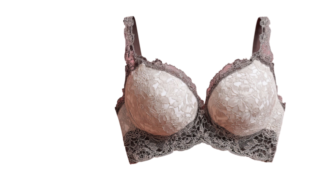 PNG of Elegant beige lace bra with floral patterns, showcasing intricate details and delicate design.