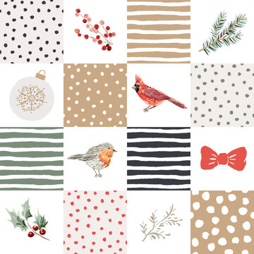 Christmas seamless pattern. Cardinal bird, robin bird, fir twig, holly, bow, ball, snow, patchwork background. Vector illustration. Nature design. Season greeting. Winter forest. Xmas holidays