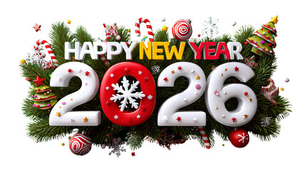 Festive New Year 2026 Celebration: A vibrant holiday illustration displaying a festive arrangement with Happy New Year 2026 in a colorful design with Christmas embellishments.