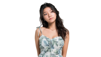 PNG of Young Asian woman with long hair, wearing a floral dress, gazing thoughtfully with a serene expression.