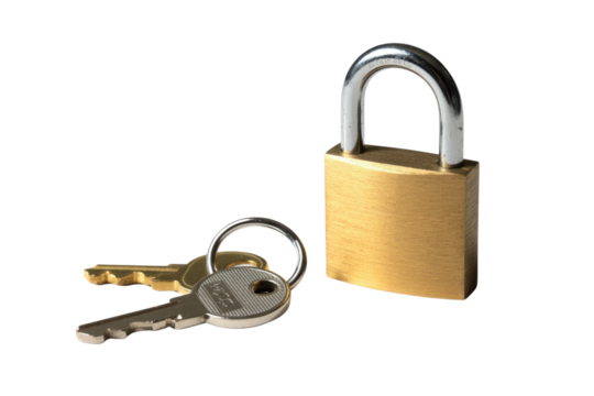 A brass padlock and two keys on a transparent background.  Security and protection concept. background removed