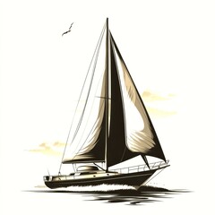 Sailboat gliding across calm waters under a clear sky with gentle waves and a seabird overhead