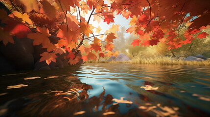 Autumn leaves and river natural background wallpaper stock photo