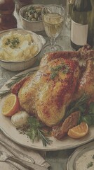 Roast chicken served with creamy mashed potatoes and assorted sides for a festive dinner gathering - Low Contrast