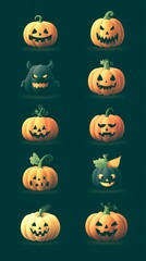 Variety of Halloween pumpkins with unique designs and expressions set against a background