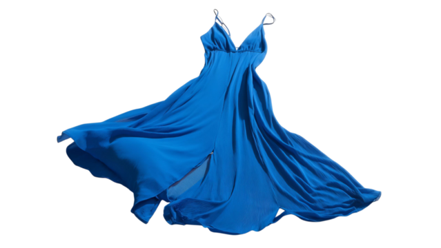 PNG of Elegant blue chiffon dress gracefully flowing in the air, showcasing its vibrant color and lightweight fabric.