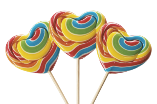 Three heart-shaped rainbow lollipops on sticks, a sweet and colorful treat. background removed - Powered by Adobe