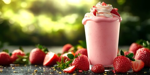 Delicious strawberry milkshake topped with whipped cream and fresh strawberries in a lush garden setting