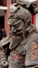 Intricate clay warrior sculpture on display in traditional market during early afternoon