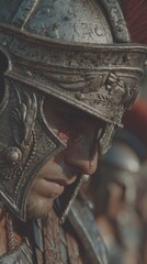 Close-up of a Roman soldier in detailed armor during a historic reenactment at sunset in an ancient setting - Low Contrast