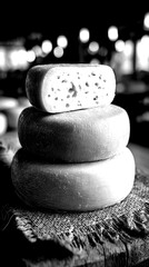 Delicious wheels of cheese stacked on a wooden table in a warm, rustic setting with soft lighting