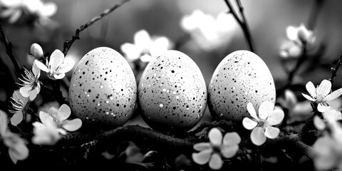 speckled eggs arranged on a branch surrounded by delicate blossoms in springtime