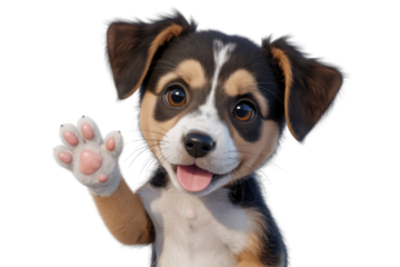 Adorable 3D rendering of a puppy waving hello with a cheerful expression. background removed