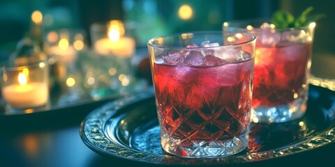 Refreshing cocktails served on a tray with flickering candles in a cozy setting during a relaxed evening gathering