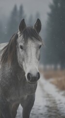 Majestic gray horse standing in winter landscape with snowflakes falling and trees in the background - Low Contrast
