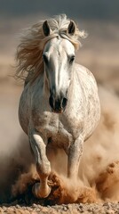 Majestic horse galloping across sandy terrain during hour in a desert landscape