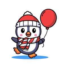 Cute Pixel Art Penguin Wearing A Santa Hat And Scarf Holding A Red Balloon With Transparent Background