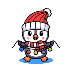 Cute Pixel Art Penguin Character Wearing a Red Santa Hat and Striped Scarf Holding Colorful Christmas Lights on a Transparent Background