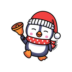 Cute Pixel Art Penguin Wearing Red Christmas Hat and Scarf Ringing a Bell with Happy Expression