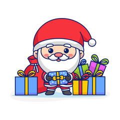 Cute Pixel Art Santa Claus Holding Gift Box Surrounded by Presents and Red Sacks on Transparent Background