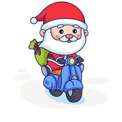 Cute Pixel Art Santa Claus Riding A Blue Scooter With A Green Gift Bag On His Back In A Snowy Environment