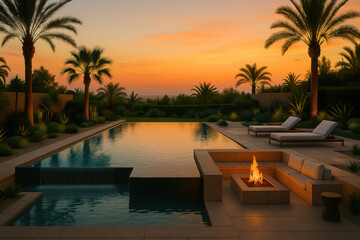 Luxury tropical resort infinity pool with fire pit lounge and palm trees at sunset creating relaxing vacation atmosphere