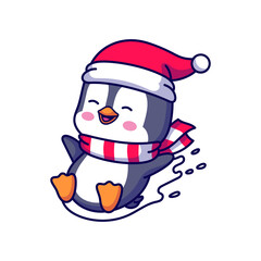Cute Penguin Character Wearing Santa Hat and Striped Scarf Joyfully Sliding on Ice with Transparent Background