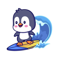 Cute Penguin Surfing on a Yellow Surfboard with a Blue Wave Illustration
