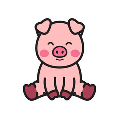 Cute Pink Pig Character Sitting with Eyes Closed and Cheeks Blushing on Transparent Background