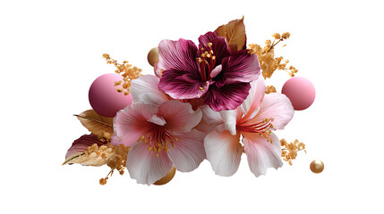 Floral Elegance: A captivating display of exquisite hibiscus and other floral elements in full bloom, delicately arranged to showcase their beauty and grace. 