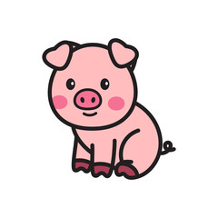 Cute Pink Pig Sitting Happily with Rosy Cheeks and Curly Tail against a Transparent Background